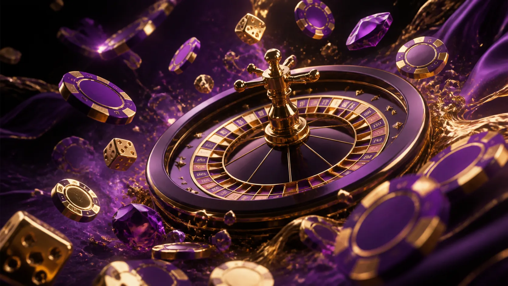 A luxury casino hero banner in cyberpunk style with glowing poker chips, dice, and a roulette wheel on a dark background.